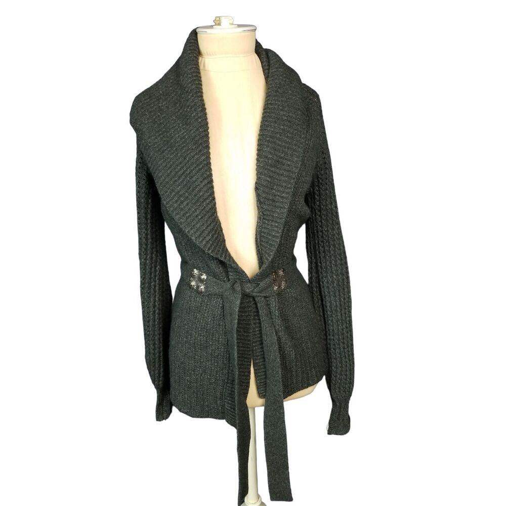 Tahari Lambs Wool/Nylon long Gray belted Cardigan Size Small